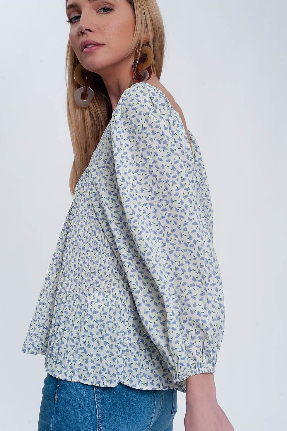 Miniaturbild: Puff Sleeve Top With Square Neck in Blue Floral Print