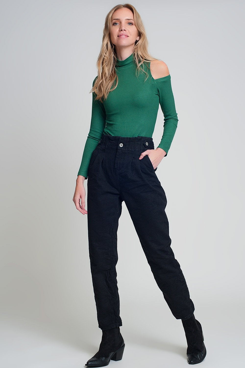 Jeans With Paper Bag Waist and Button Details in Black @ jy1.org Trendy Clothing