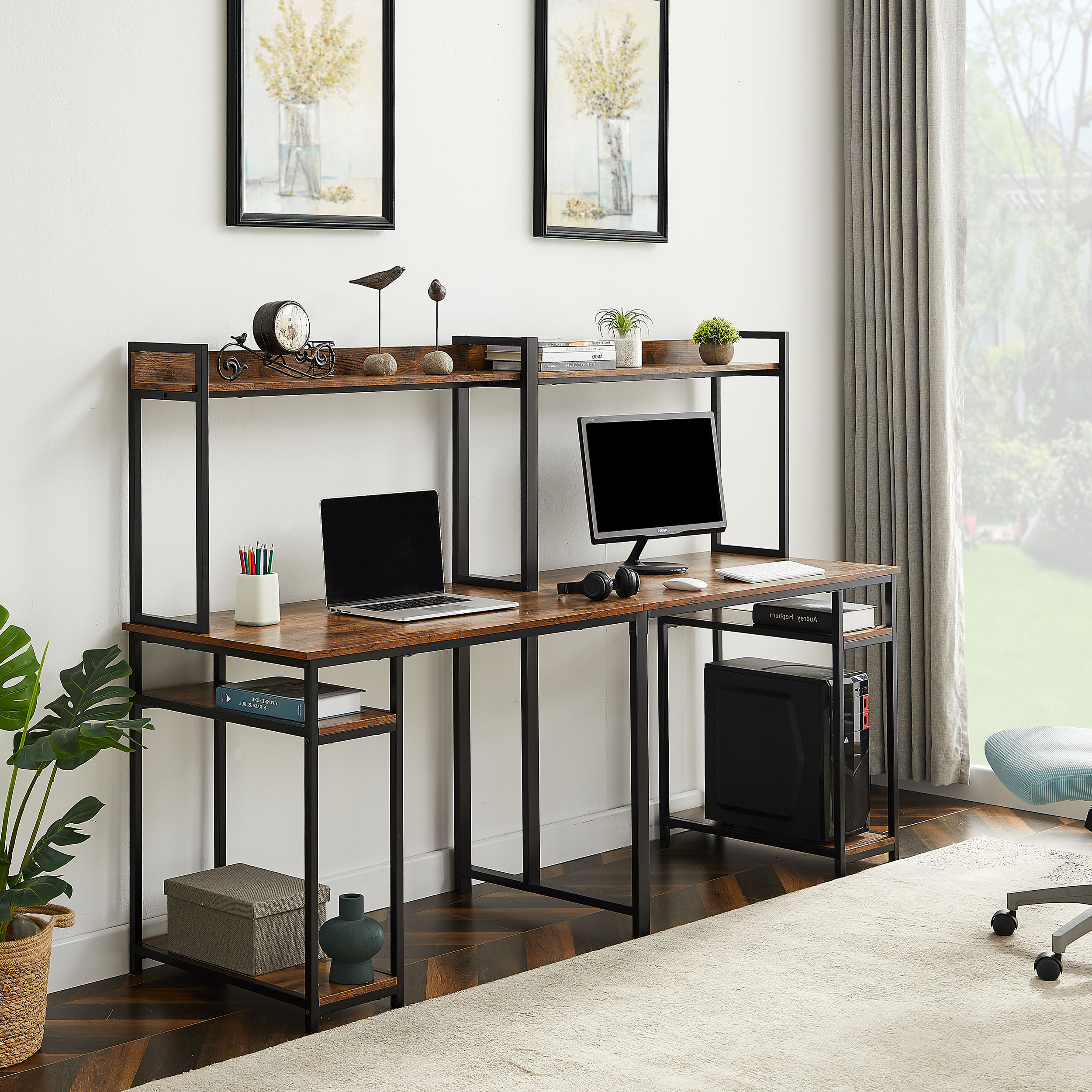 Home office double Workstation Desk, Two Person Computer Desk with Storage, Spac
