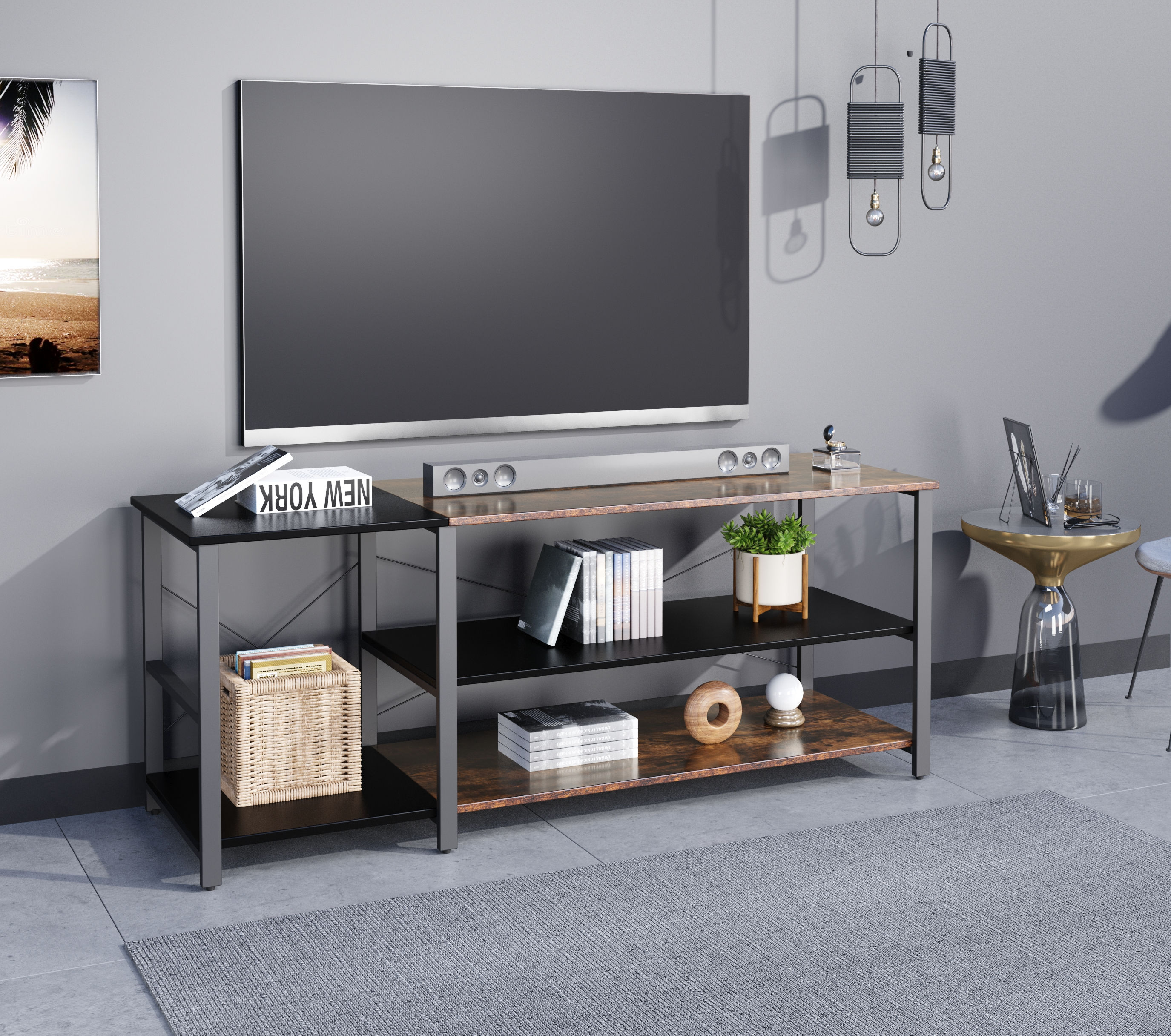 Black linen + retro double color matching TV cabinet