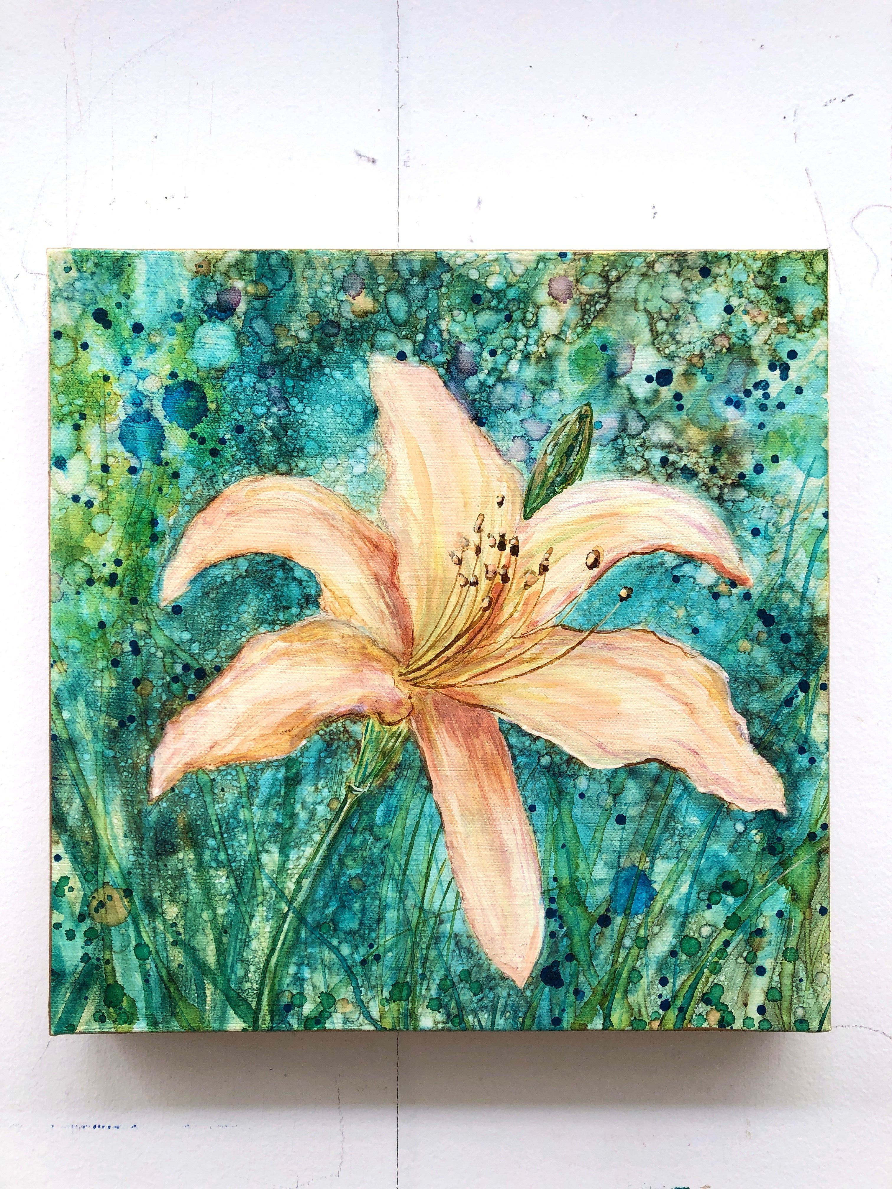🖼️ Original Daylily- Mixed Media Painting, 12" X 12" Canvas