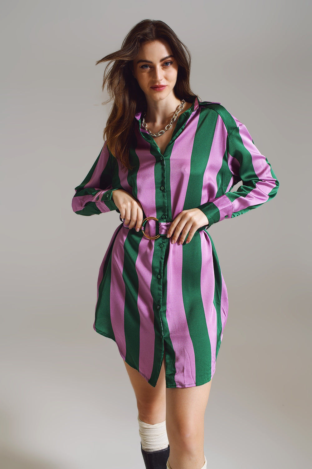 Lilac and Green Stripe Short Shirt Trendy Dress