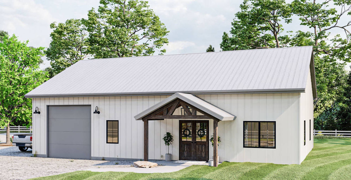 Modern barndominium-style home with a white board and batten exterior, a large metal roof, and black-trimmed windows.
