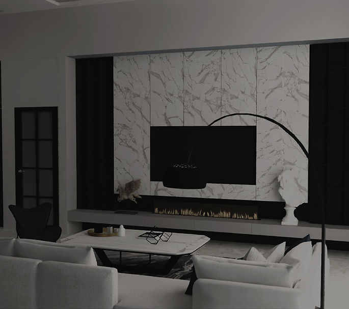Modern luxury living room with an open-concept kitchen, featuring a marble accent wall with a built-in fireplace and TV.