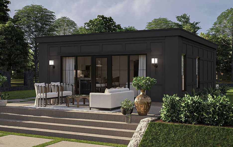 Modern backyard ADU (Accessory Dwelling Unit) with a sleek black exterior, large glass doors, and an elegant outdoor living s