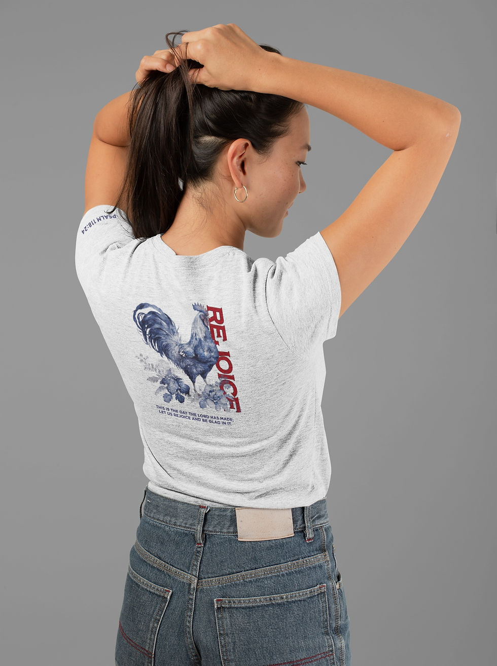 Model wearing Rejoice Christian shirt Psalm 118:24 Back View
