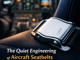 Close-up of an aircraft seat belt with "LIFT" text, set in a dimly lit cockpit. Text reads: The Quiet Engineering of Aircraft Seatbelts.