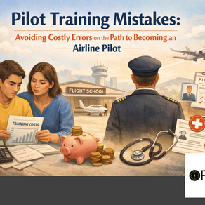 A couple reviews pilot training costs at a table with a calculator and piggy bank. Background shows a flight school, plane, and pilot. Text: Pilot Training Mistakes.