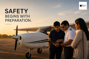Three people stand by a small aircraft discussing a tablet. Text reads "Safety begins with preparation." Sky at sunrise in the background.