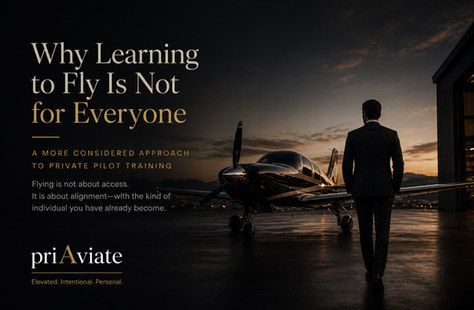 Man in suit beside airplane at sunset with text: "Why Learning to Fly Is Not for Everyone." Dark background, moody atmosphere, hangar visible.