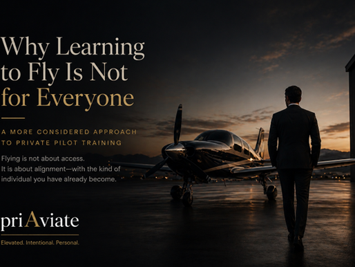 Man in suit beside airplane at sunset with text: "Why Learning to Fly Is Not for Everyone." Dark background, moody atmosphere, hangar visible.