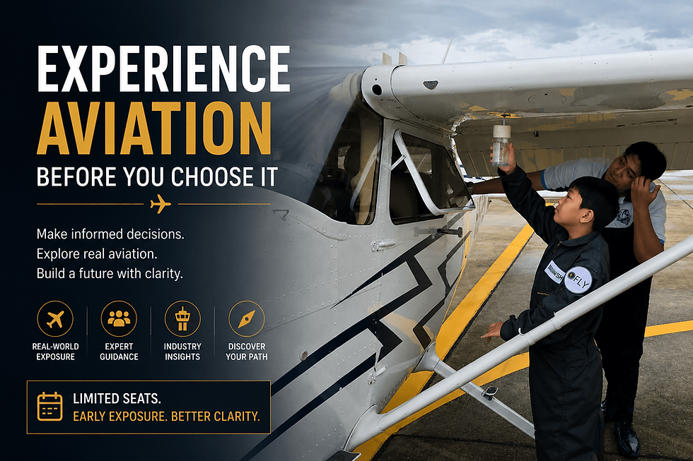 Two people inspect a small aircraft on an airstrip. Text: "Experience Aviation Before You Choose It." Black and yellow theme.