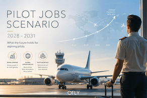 Pilot jobs scenario poster showing a pilot at airport watching a jet, demand curve 2028–2031, with icons and OFly logo.