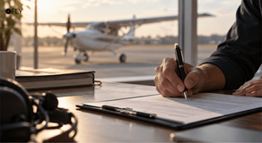Hand writing on a form at an airport table, with a small plane outside and FLY logo in the corner.