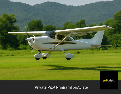 Small white aircraft in flight over a grassy field, trees and hills in the background. Text: Private Pilot Program | priAviate.