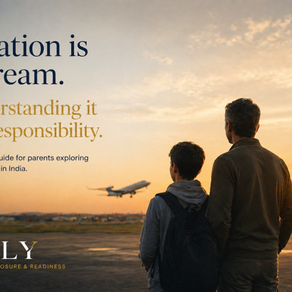 A man and a child watch a plane at sunset near a runway. Text: "Aviation is a dream. Understanding it is a responsibility. OFLY." Mood: Reflective.