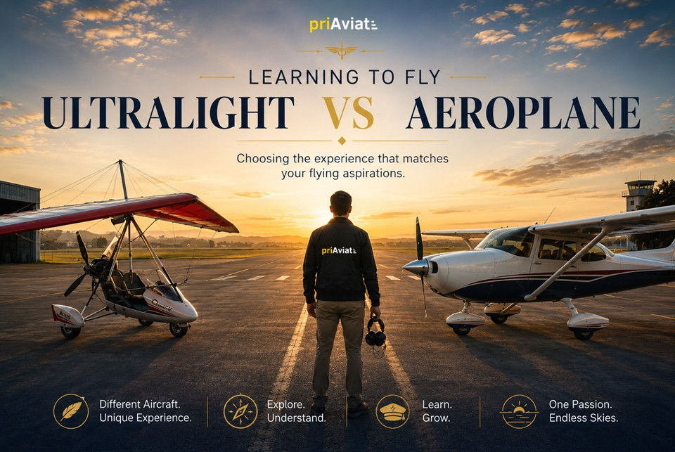 Sunset runway poster with man between ultralight and small plane; text reads Learning to Fly, Ultralight vs Aeroplane.