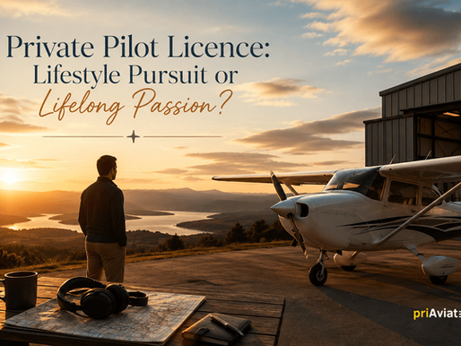 Sunset at an airfield with a man beside a small plane, map and headphones on a table; text reads Private Pilot Licence: Lifestyle Pursuit or Lifelong Passion?
