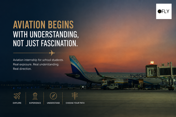 An airplane at sunset with an IndiGo logo, text promoting an aviation internship, and icons labeled: Explore, Experience, Understand, Choose.