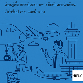 Illustration of a mechanic fixing a plane, a control tower, and a radio operator. Thai text about aviation. Blue background, Ofly logo.