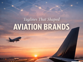 Airplanes on runway at sunset with “Taglines That Shaped Aviation Brands” text overlay. A world map with flight paths in the sky.