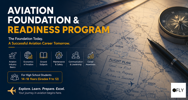Aviation Foundation & Readiness Program poster over a map with compass and pen, promoting aviation careers for high school students.