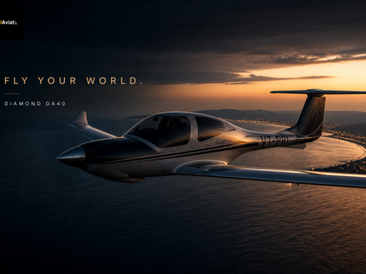 A Diamond DA40 airplane flies over a coastline at sunset. The sky is a mix of dark and orange hues. Text: "Fly Your World. Diamond DA40."