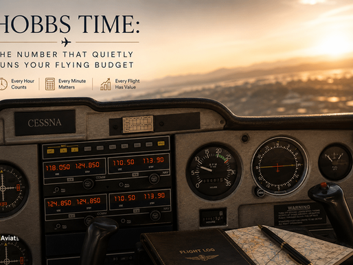 Cessna cockpit at sunset with flight log and map; text reads Hobbs Time: the number that quietly runs your flying budget.