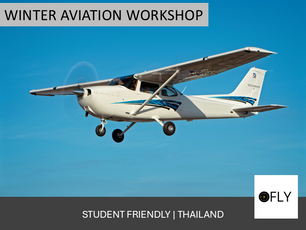 small aircraft with sky background, Winter aviation workshop is written