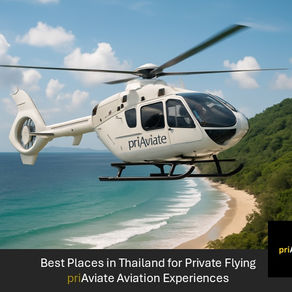 White helicopter flying over tropical beach with lush green hills and blue ocean. Text reads "Best Places in Thailand for Private Flying."
