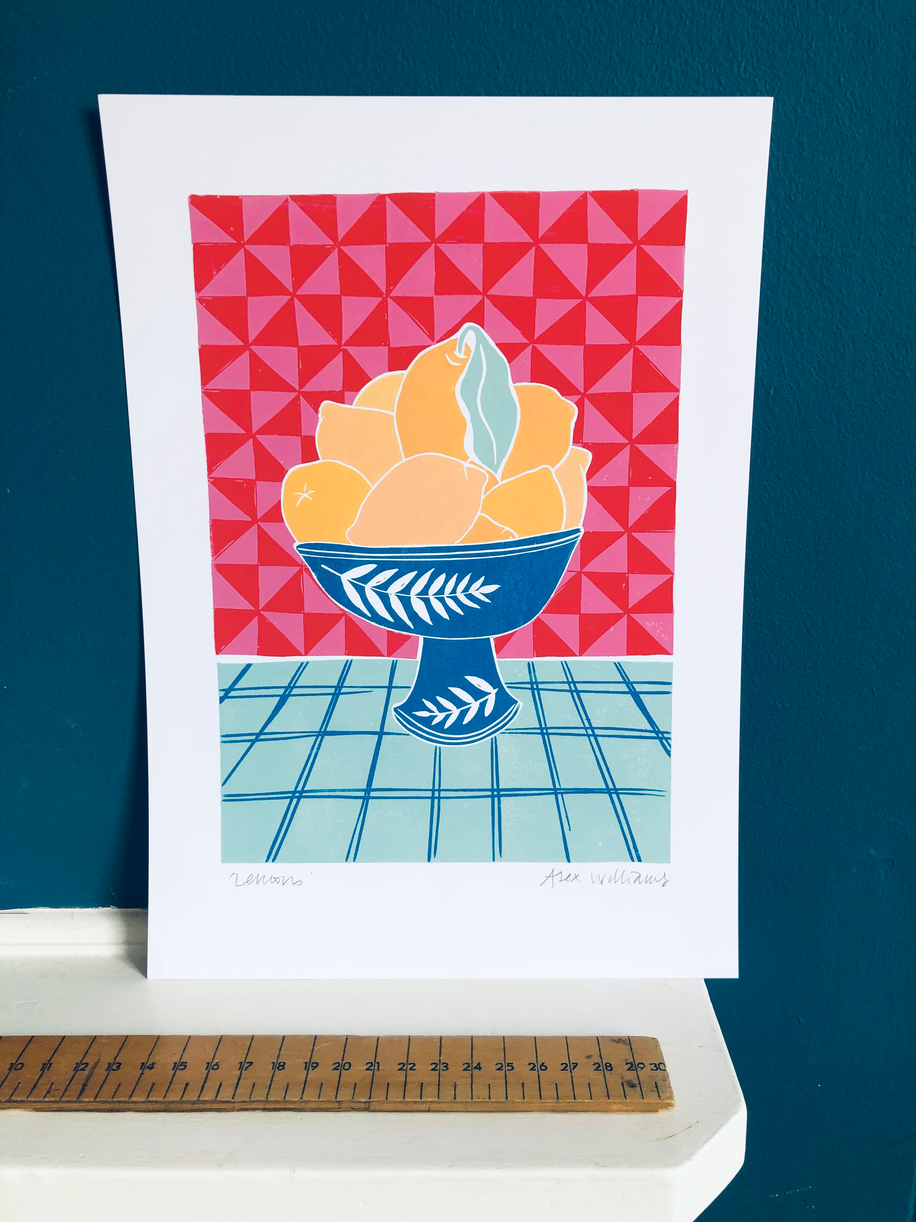 Original digital print of lemons in a blue bowl on a chevron pink background