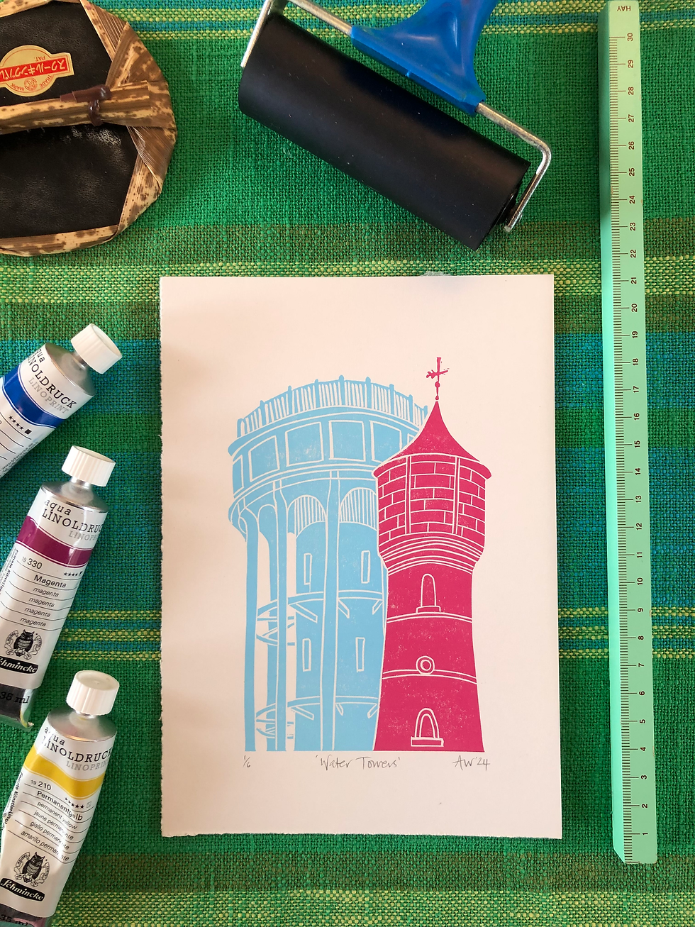 Original linocut print of Rockwell Green's victorian and 20th century water towers in cyan and magenta