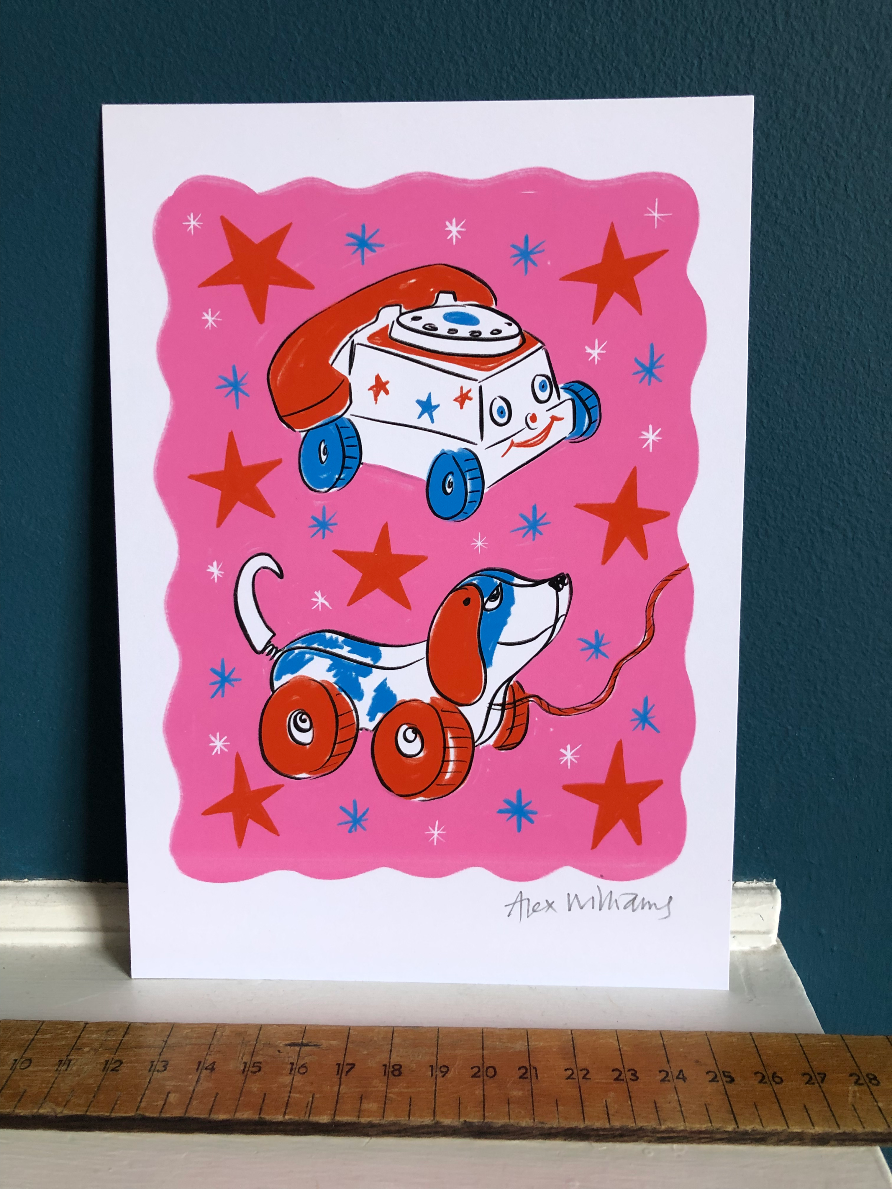 Original digital print of old style Tomy dial phone toy and wooden Tomy dog toy