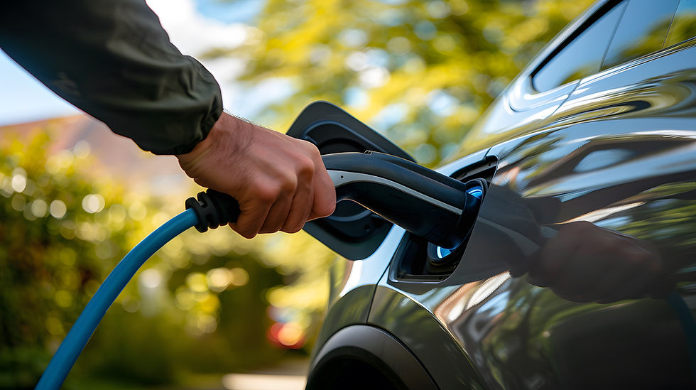 Man's hand holding EV charging cable plugged into an electric vehicle
