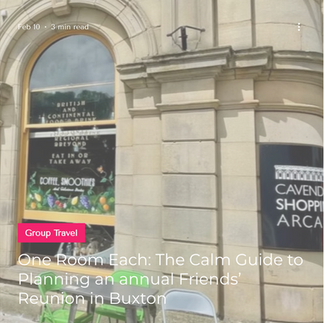 Friends meeting outside Cavendish Shopping Arcade in Buxton while planning a group reunion weekend in the Peak District.