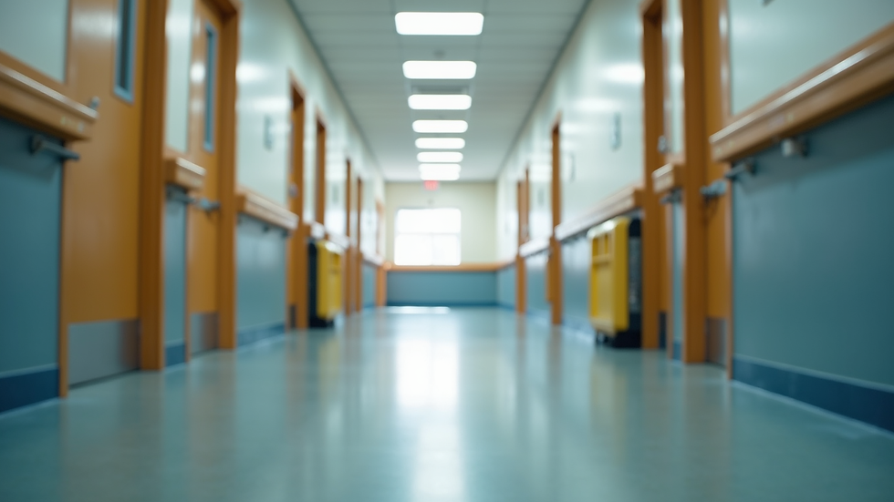 Close-up view of a school hallway with accessible features like ramps and handrails