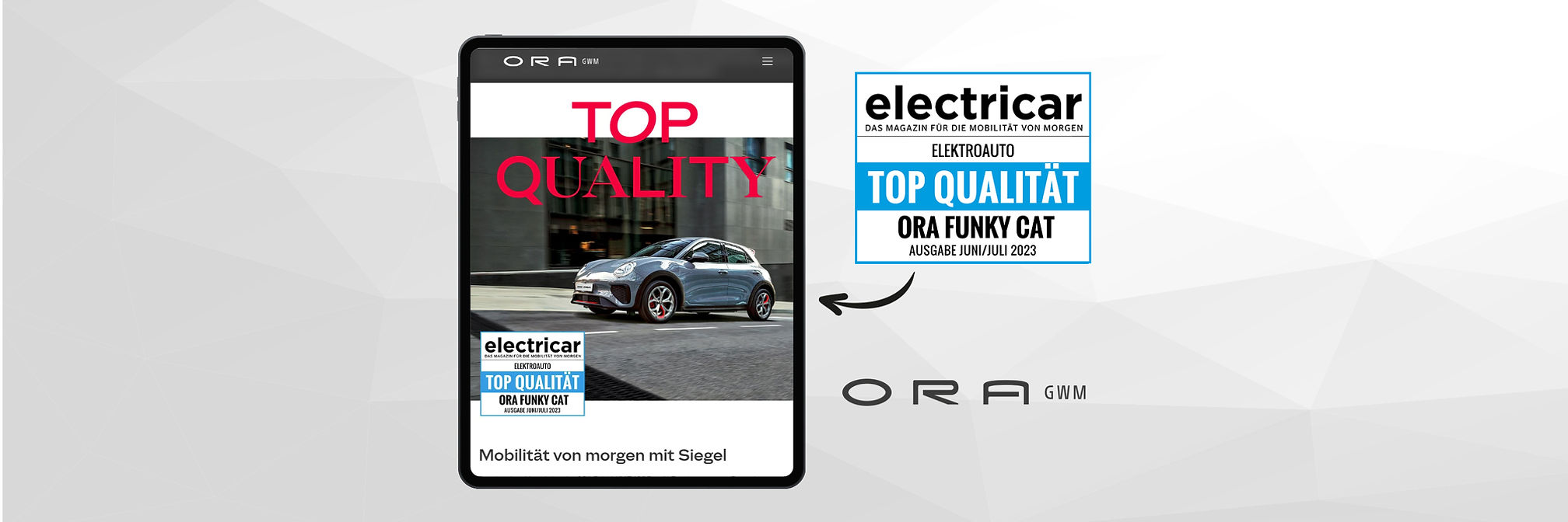 Siegel des Magazins 'electricar', das Ora GWM mit 'TOP Qualität' auszeichnet, wird auf der ORA GWM-Webseite dargestellt.
