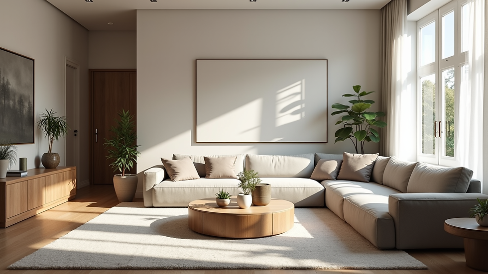 Wide angle view of a modern living room with natural light