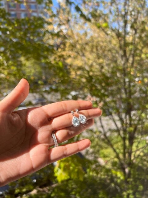Thumbnail: 14k White Gold Real VS Diamond and Genuine Aquamarine Drop Earrings
