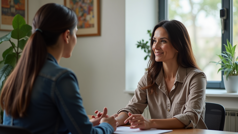 Close-up view of a counselor and client engaged in a supportive conversation