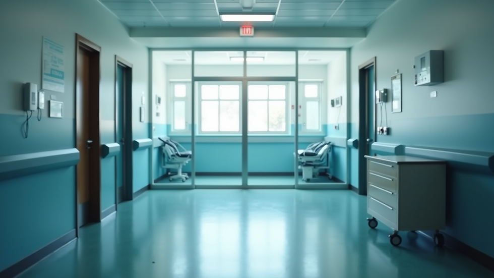 Eye-level view of a hospital room with a triple hospital screen dividing the space