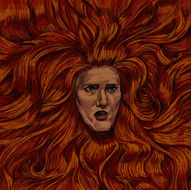 digital illustration by taylor lynch of australian comedian, sarah kendall, her face floating in a sea of her voluminous red hair