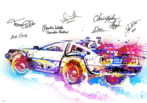 Back To The Future 42”x30” Canvas Autographed by Michael J. Fox, Christopher Lloyd, Lea Thompson, Thomas Wilson, Claudia Wells and Bob Gale