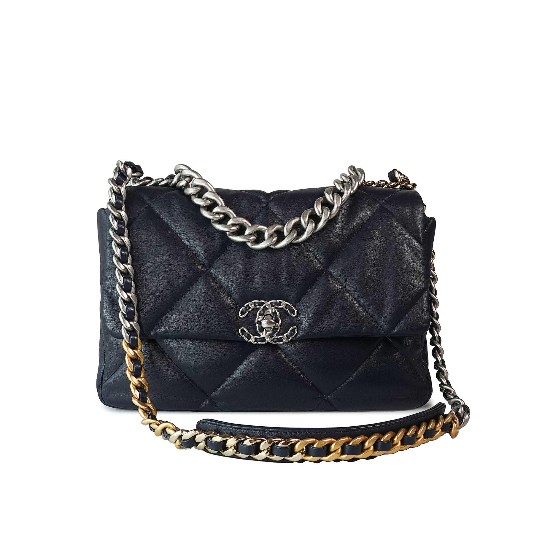 Chanel 19 Series Classic Double C Logo Lambskin Silver Turn Buckle Đen