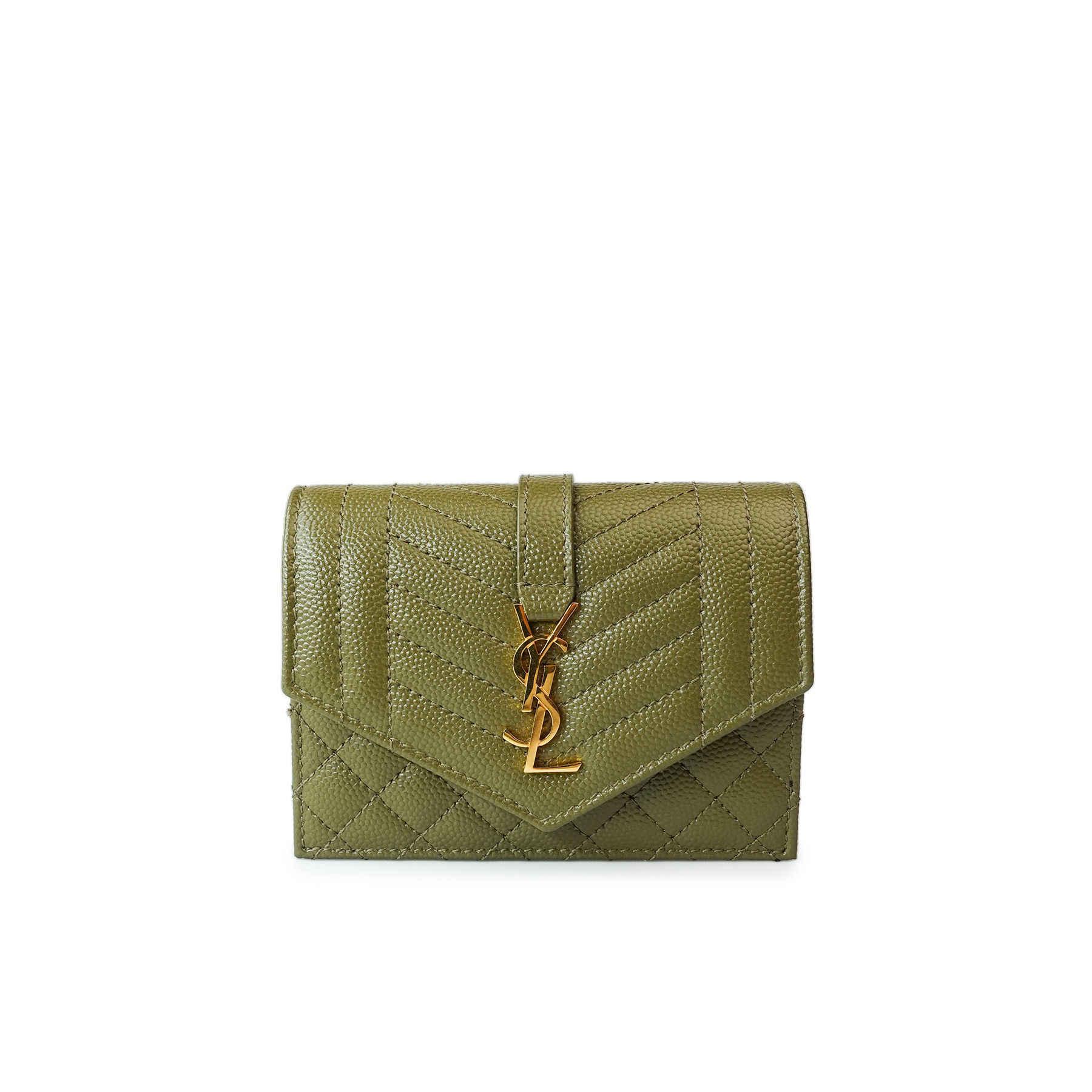 YSL SAINT LAURENT Ví Ngắn Gập Card Holder Compact Tri Fold Leather Xanh Olive