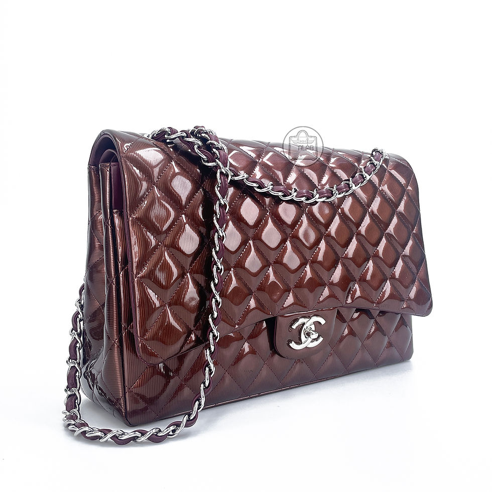 Thumbnail: CHANEL Striated Patent Quilted Jumbo Double Flap Nâu