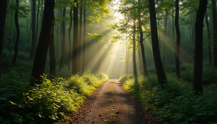 Eye-level view of a winding path through a forest symbolizing a journey with obstacles