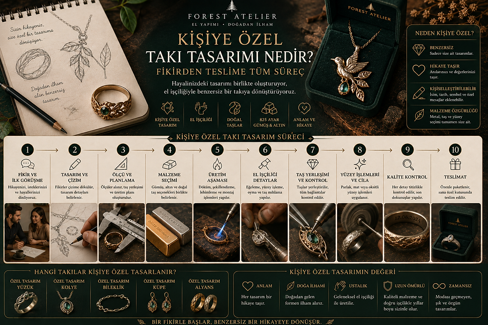 Kişiye özel takı tasarımı nasıl yapılır? Fikir aşamasından üretime, doğal taş seçiminden teslimata kadar özel tasarım takı sürecini adım adım keşfedin.