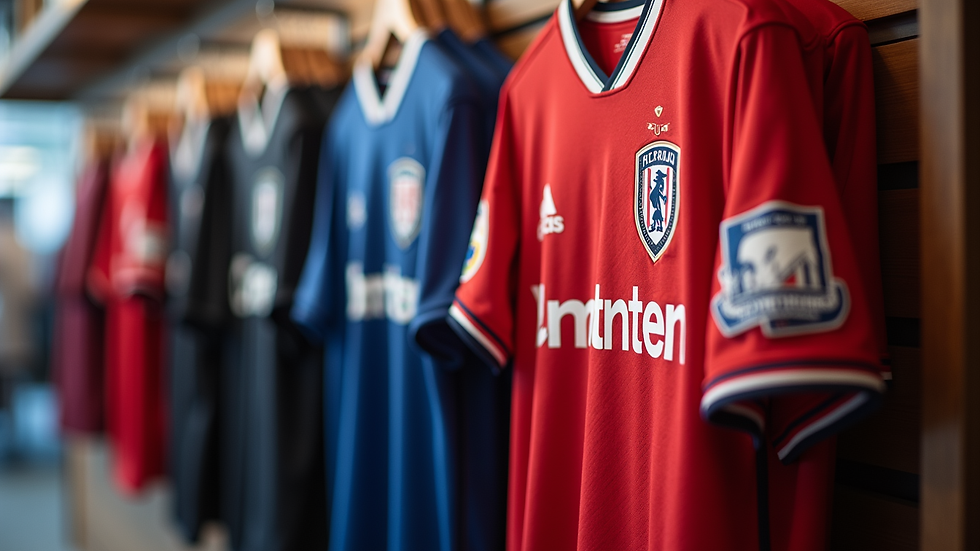 Close-up view of branded football kits hanging in a retail store