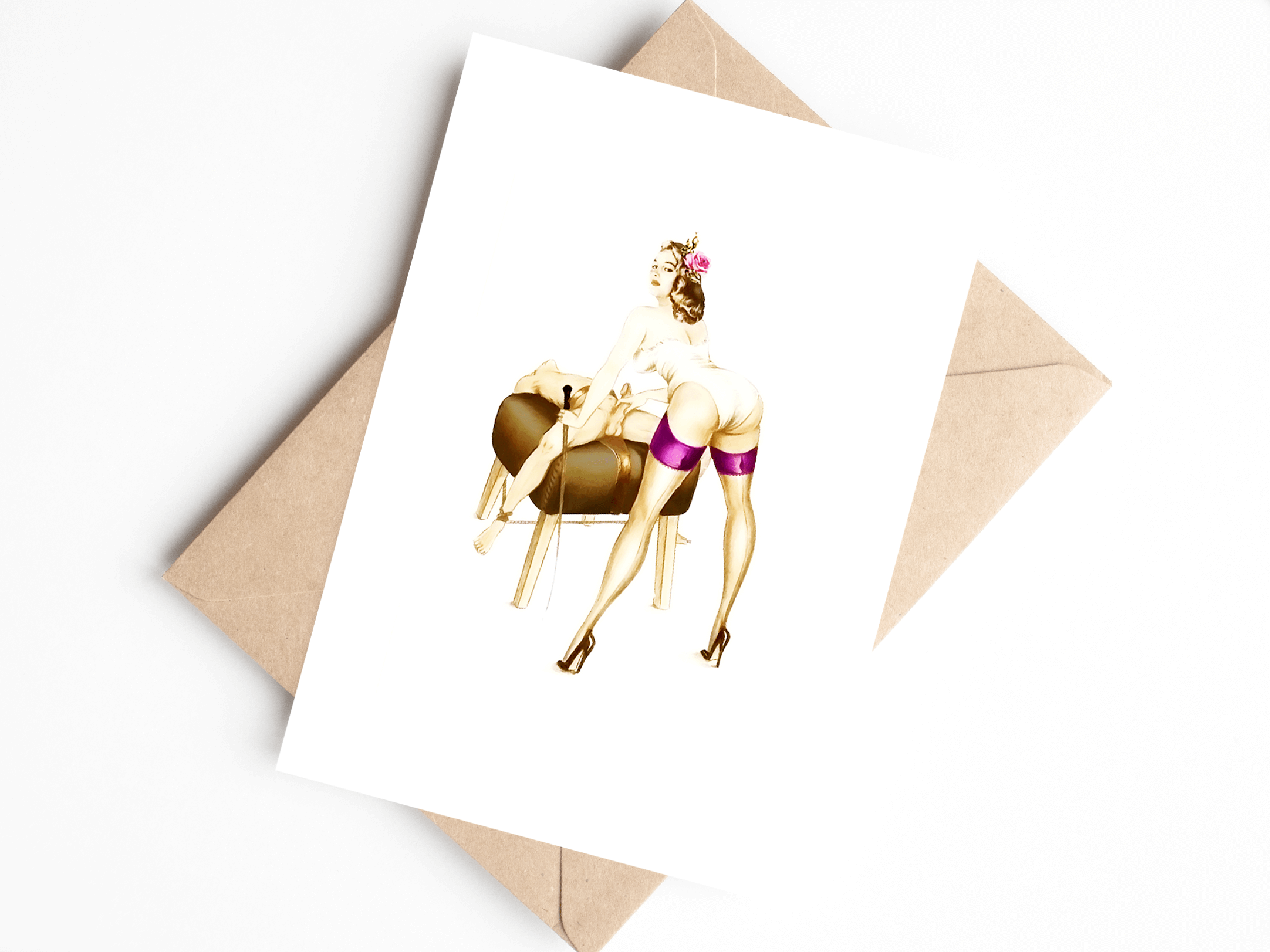 Large Frame Me Card Male Slave Strapped to Bondage Bench